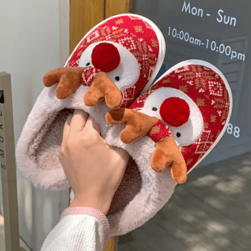 Cute Christmas Deer Womens Winter Slippers Cozy Non-Slip House Shoes