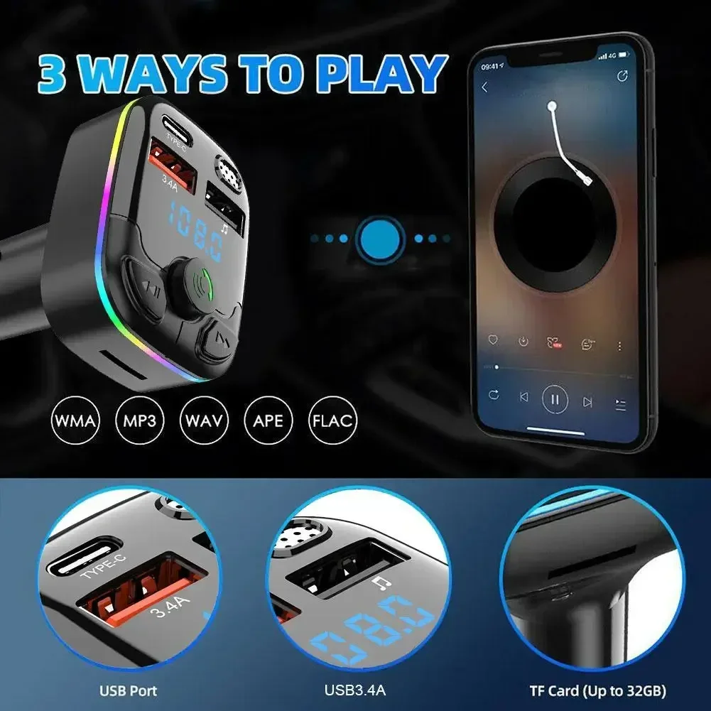 Wireless Car Bluetooth 5.0, FM Transmitter, Adapter Mic Audio Receiver, Auto MP3 Player, Dual USB Fast Charger