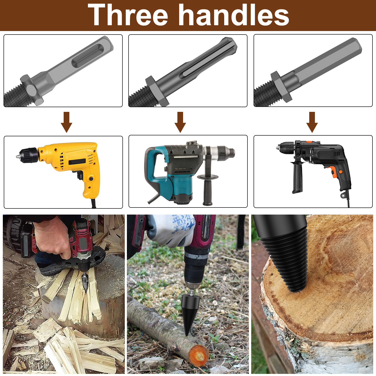 Firewood Log Splitter, Sturdy High-Carbon Steel Wood Log Splitter Screw Cones Drill Bit, Hex/Round/Square Shank