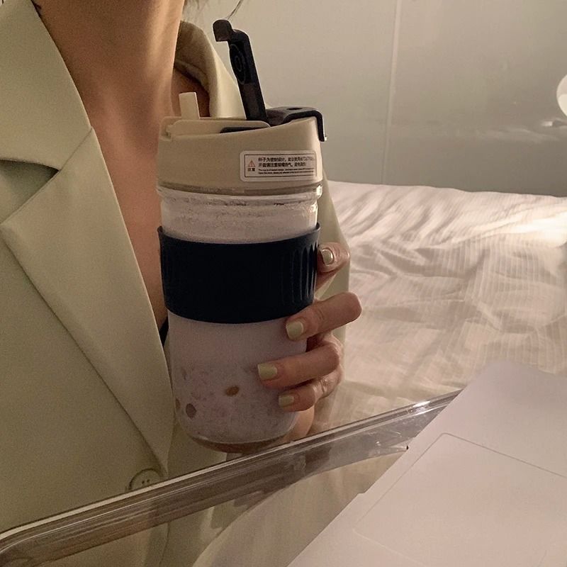 Korean Glass Water Bottle with Lid and Straw for Coffee Tea Juice and Travel