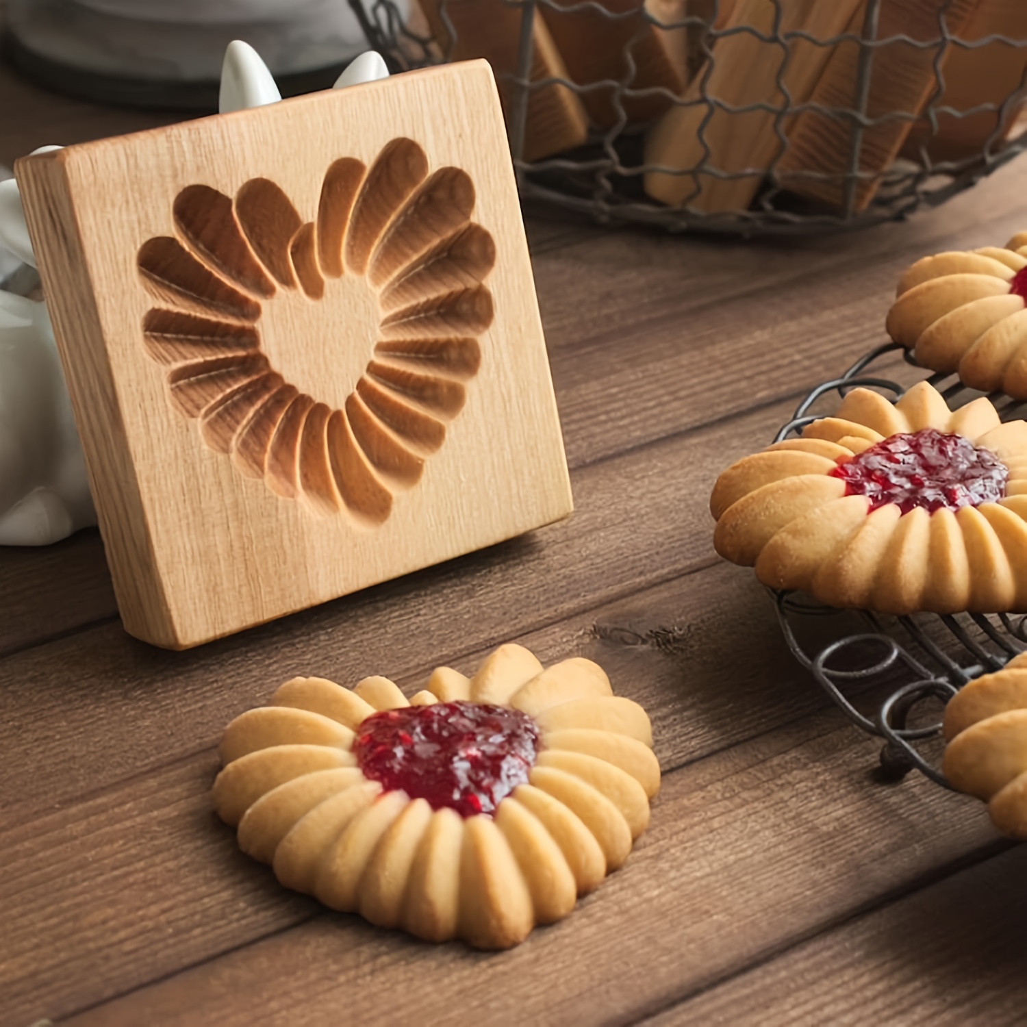 Fondant Cake Decoration Tools, Embossed Wooden Cookie Cutter, Carved Jam Cookie Molds