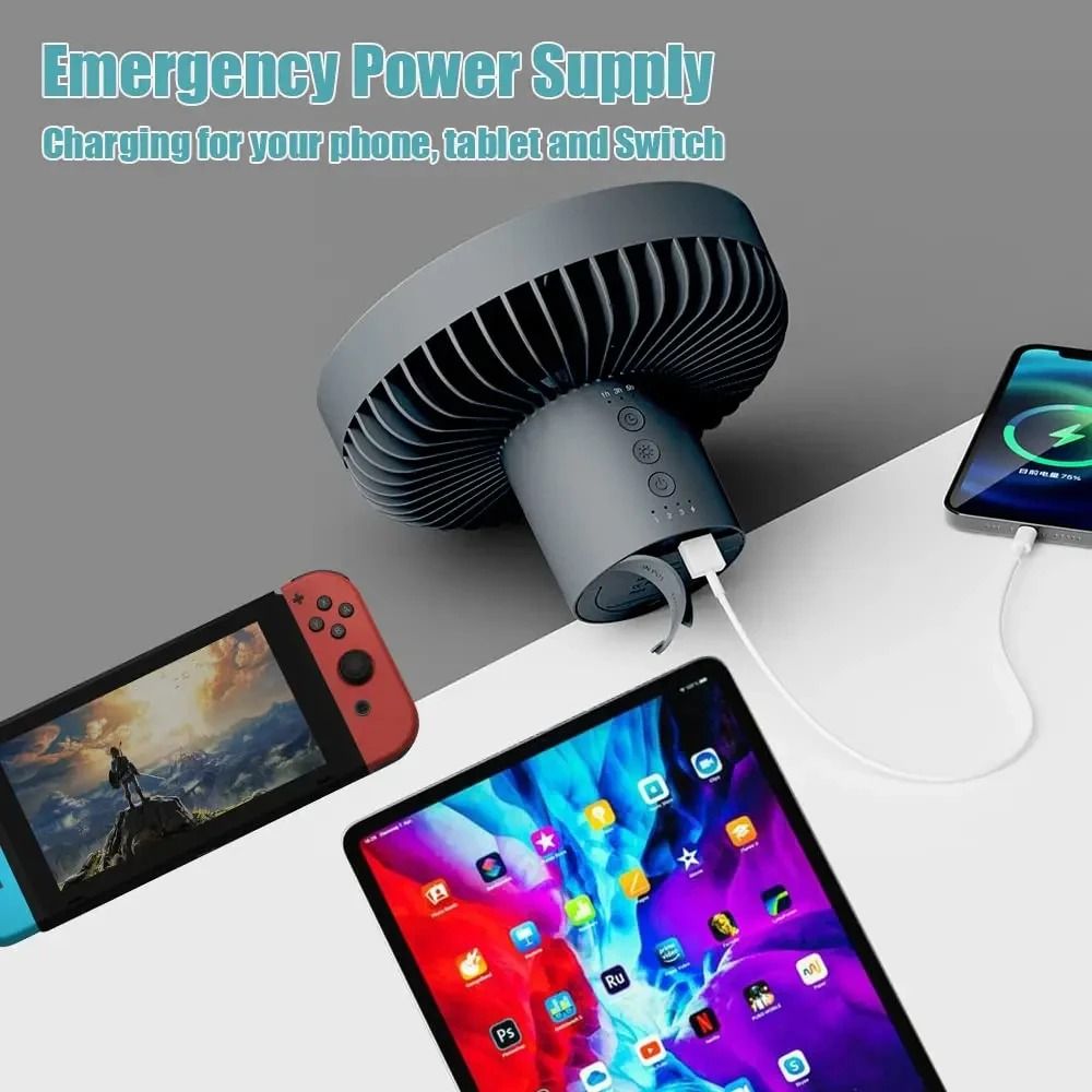 10000mAh Rechargeable Camping Fan with LED Light and Power Bank Tripod Design