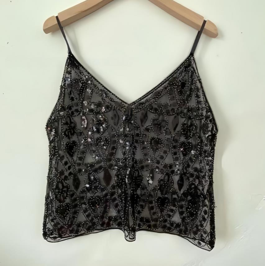 Trendy Women's Sleeveless V Neck Camisoles, Sequins Beads Flower Pattern Vests, Open Back See-Through Chic Summer Camis