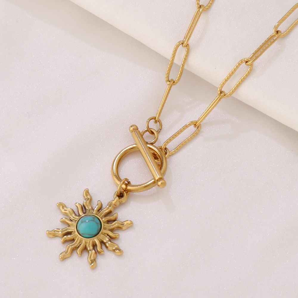 Sun Pendant Necklace Gold Turquoise Charm Stainless Steel Clavicle Chain