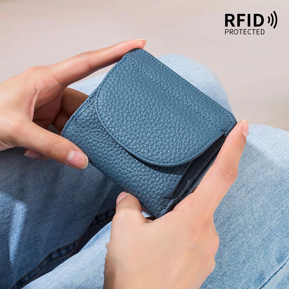 Genuine Leather Mini RFID Wallet for Women - Slim Bifold Card Holder with Coin Pocket