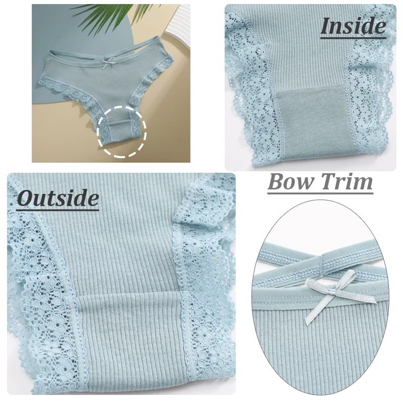 Women's 3-Piece Cotton Low-Rise Lace Brazilian Panties Set Breathable Soft Underwear S-XL
