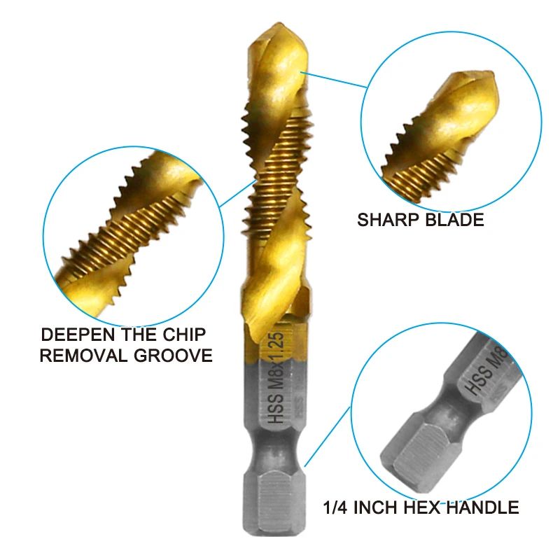 6 Pcs Titanium Plated Drill Tap Set M3–M10 - High Speed Steel Hex Shank Tap & Drill Combo with Chamfer Tool