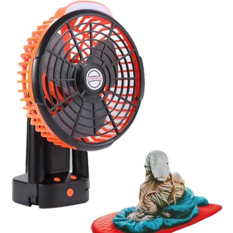 Rechargeable Camping Fan with Foldable Tripod, 270° Auto Rotation & LED Light
