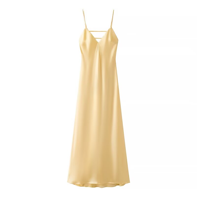 Elegant Women Summer Yellow Stain V Neck Sling Dress Loose Maxi Robes Sleeveless Party Dresses