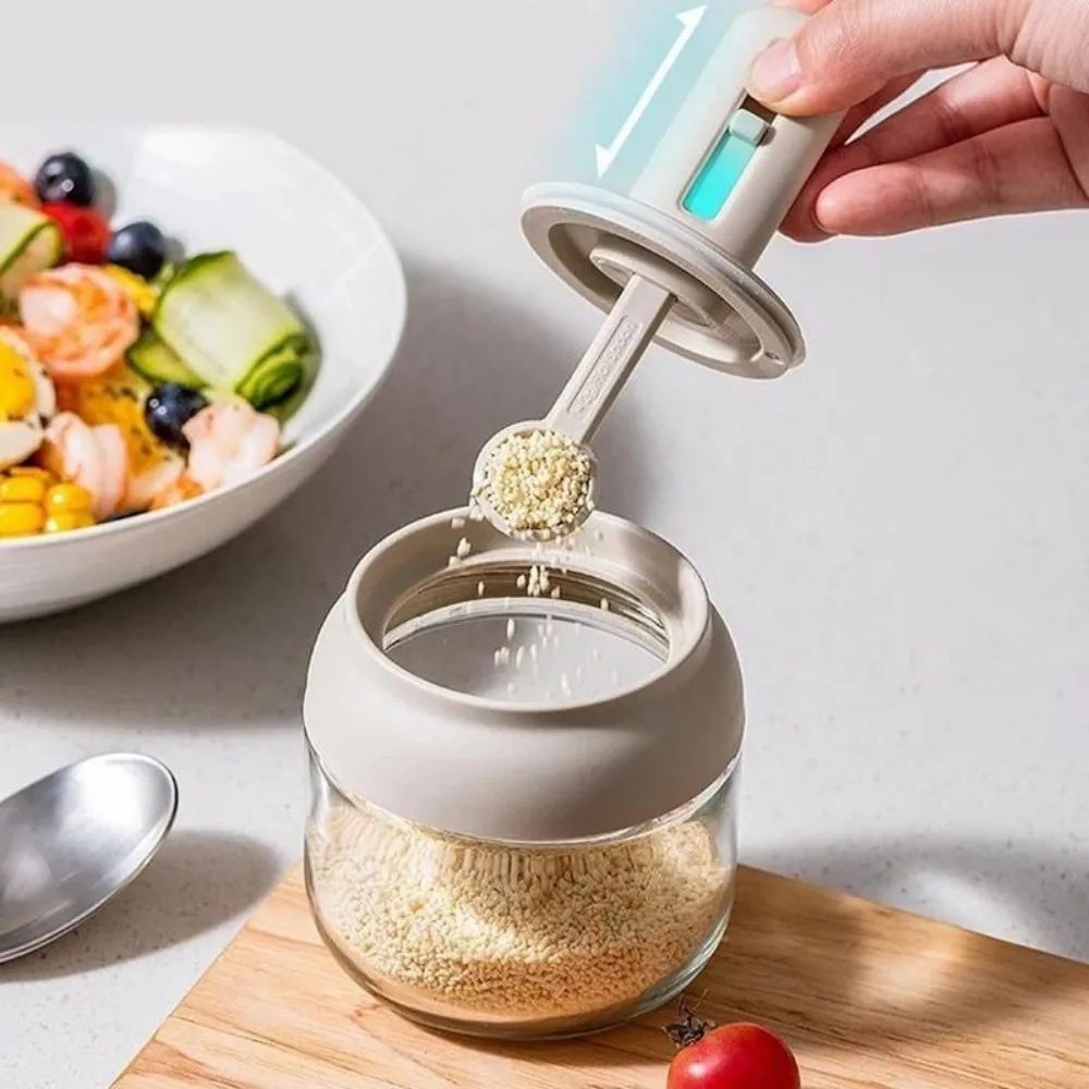 Glass Seasoning Jar with Telescopic Spoon – Airtight Salt & Spice Storage Container for Kitchen