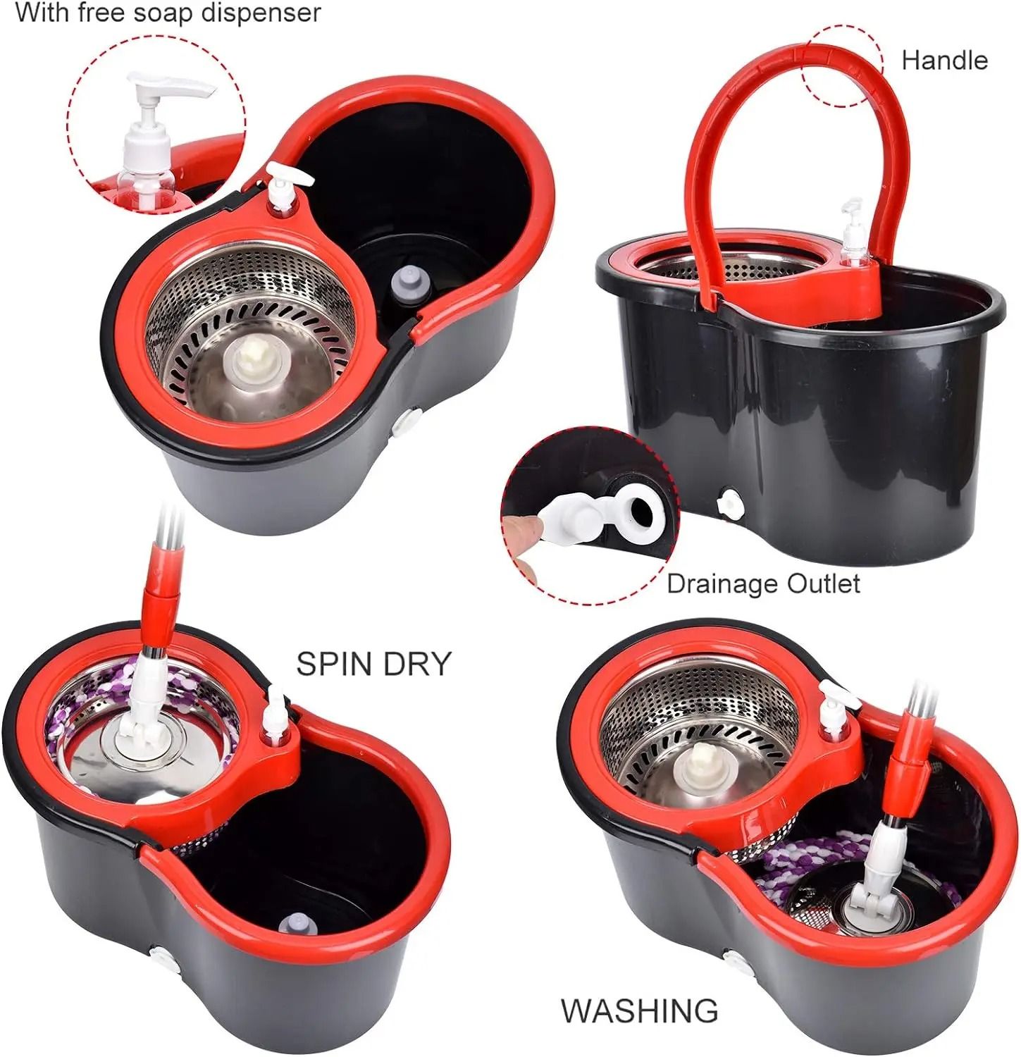 Spin Mop and Bucket Set with Wring System and 3 Microfiber Heads