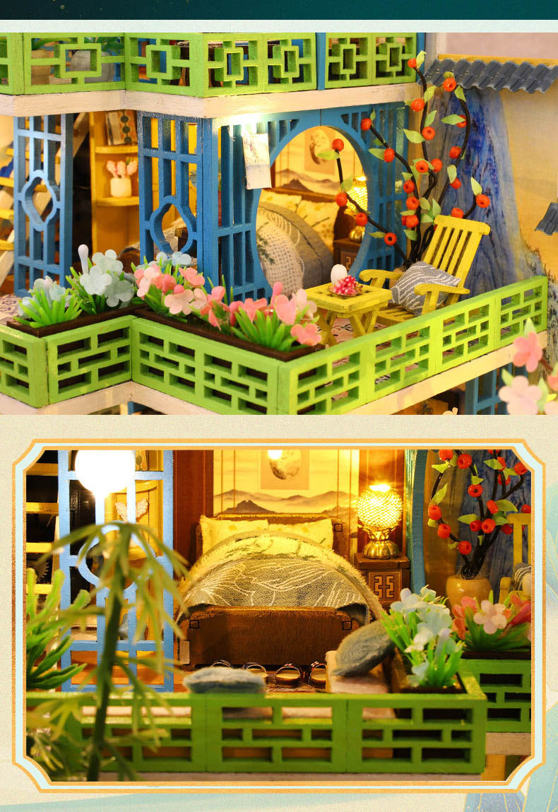 DIY Wooden Dollhouse with Furniture and Light, Casa Miniature Doll House Kit, Chinese Style Villa Model Toys Birthday