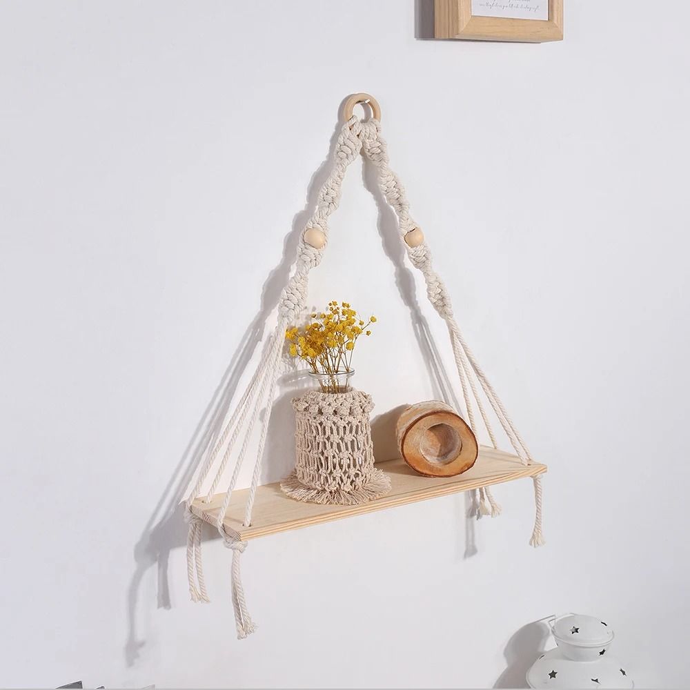Boho Macrame Wall Hanging Floating Wood Shelf