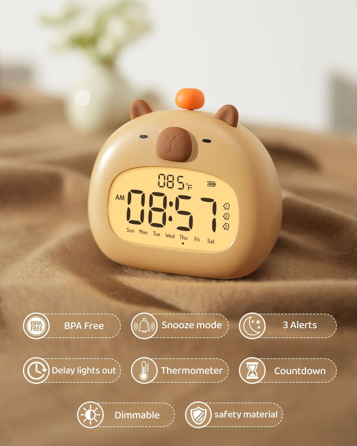 Cute Capybara Alarm Clock with Night Light & Timer – Kids Bedroom Multifunction Clock