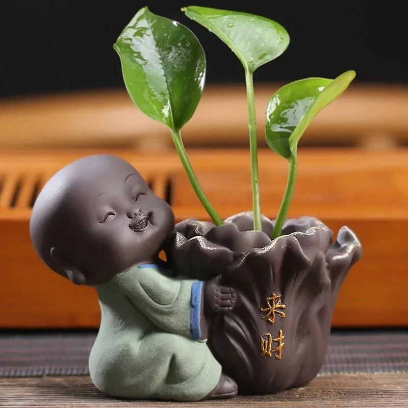 Mini Purple Clay Monk Figurine Flower Vase for Home Decoration