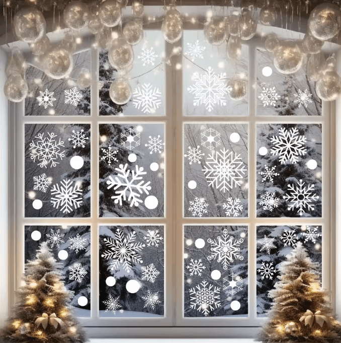 White Snowflake Christmas Window Stickers – Reusable Holiday Wall & Glass Decoration Set