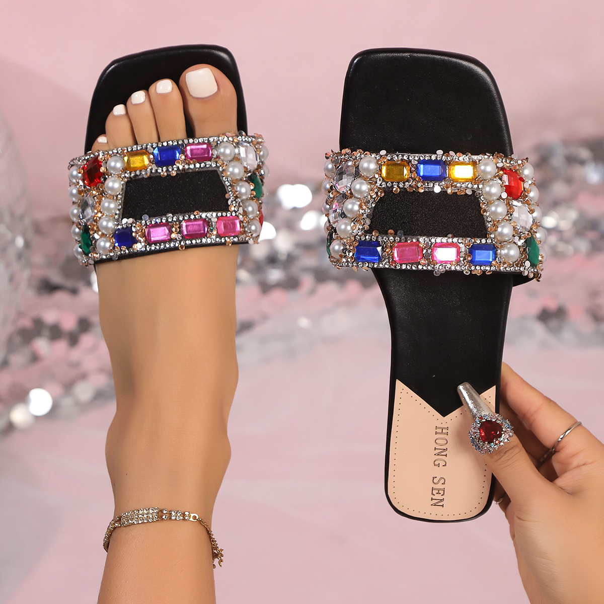 Casual Women Rhinestone Slippers, Fairy Style Summer Home Sandals, Flat Fashion Slides Versatile Design