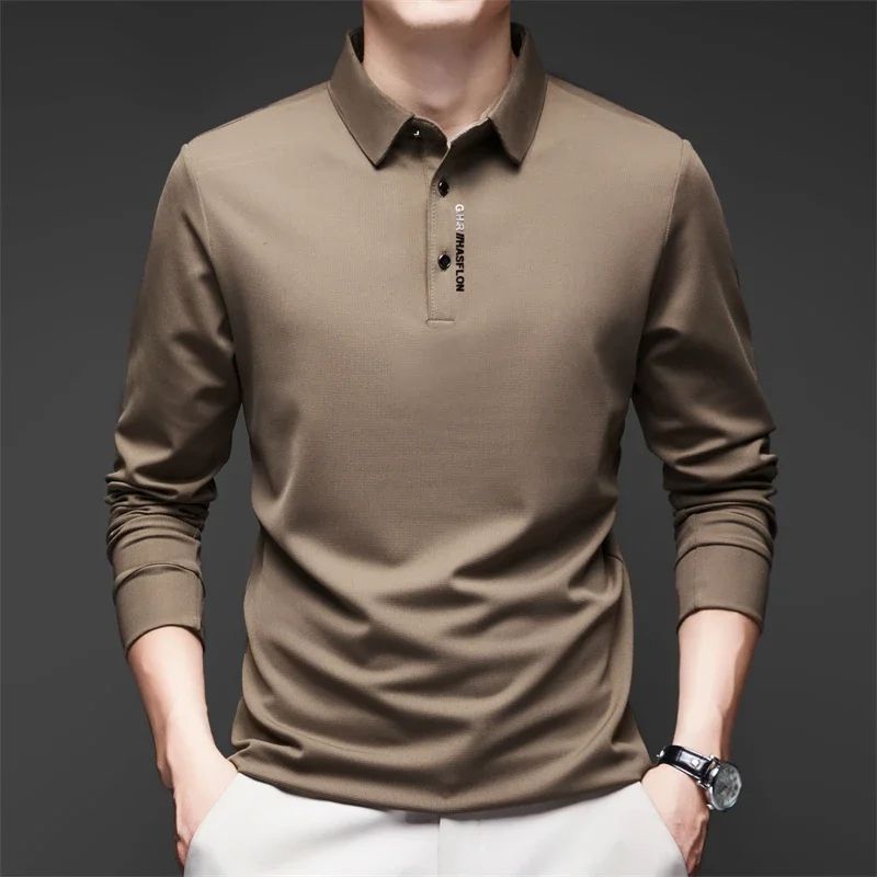 Men's Solid Polo Shirt – Long Sleeve Business Casual Polo with Badge, Anti-Wrinkle Breathable Shirt