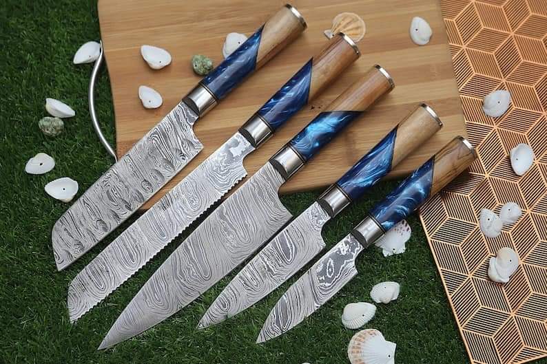 Damascus Chef Set Of 5 Pieces ,Custom Handmade Chef Set , Handmade Damascus Chef Set ,Personalized Gift For Mother ,