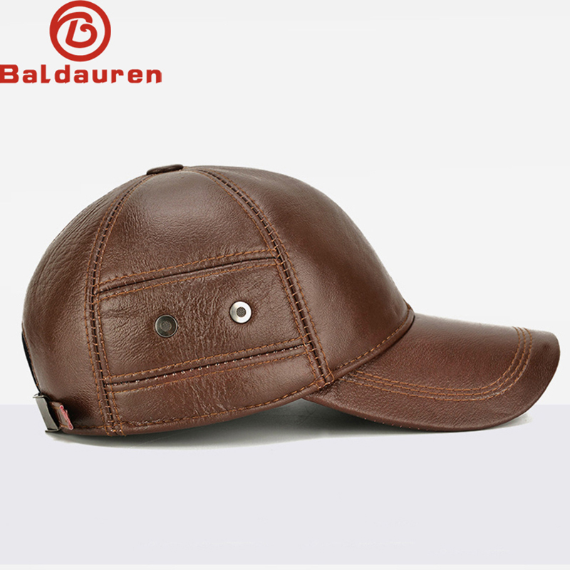 Men Real Cowhide Leather Cap, Winter Warm Outdoor Ear Protection, Adjustable New Style Baseball Hat