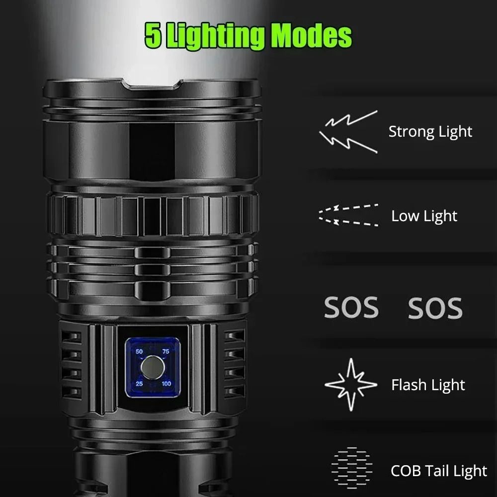 Ultra Bright Rechargeable LED Flashlight with 15000mAh Battery and Tail Light