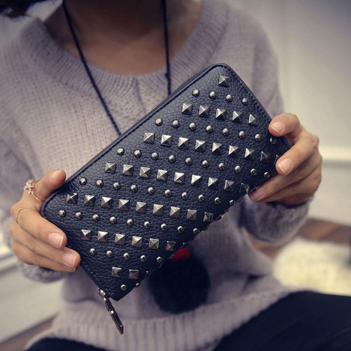 Luxury Rivets Womens Vintage Coin Purse Multifunction Card Holder & Clutch Wallet