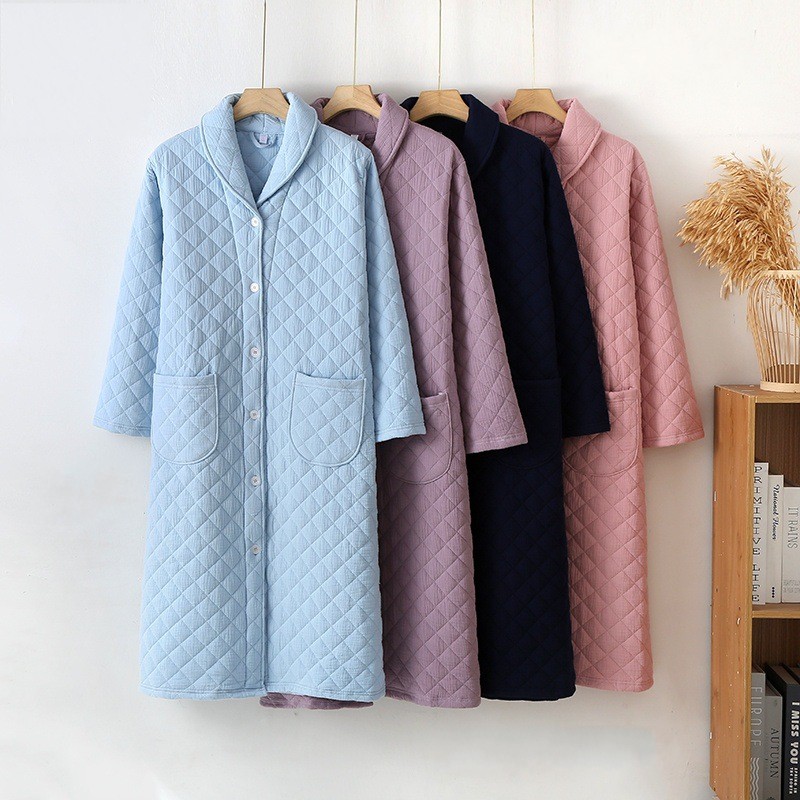 Warm Cotton with Filler Robe for Women, Autumn Winter Ladies Bathrobe, Long Sleeve Dressing Gown Robes