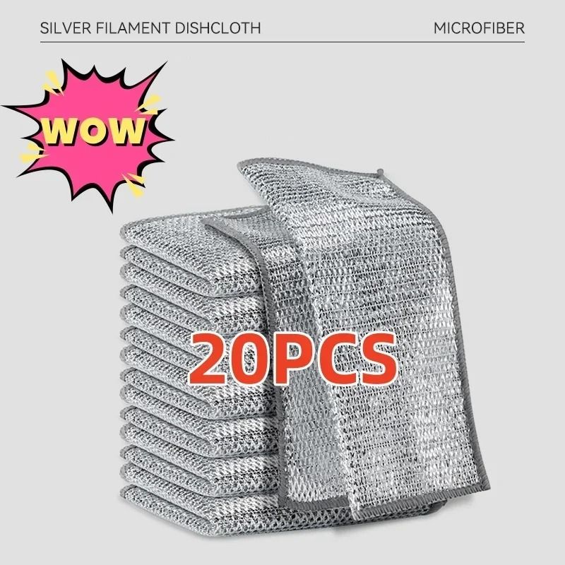 Silver Wire Cleaning Cloths 20pcs Double Sided Dishwashing Pads for Kitchen and Stovetop