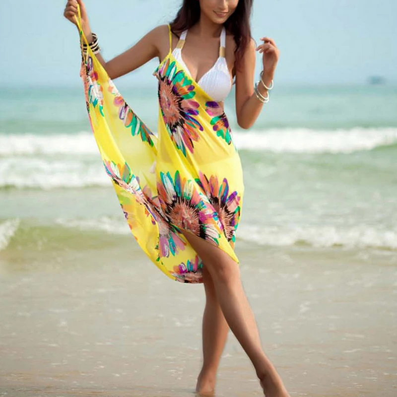 Open-Back Swimwear, Women Halter Sling Chiffon Beach Towel, Bikini Wrap Pareo Skirts for Beach Holidays