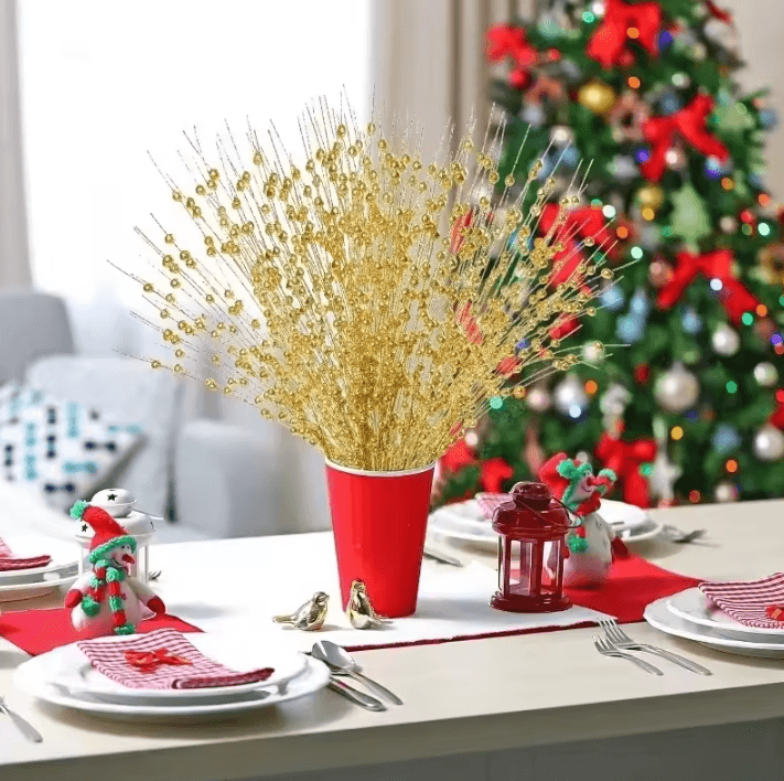 Gold Christmas Berry Stems – Decorative Flash Artificial Berries for Holiday Crafting