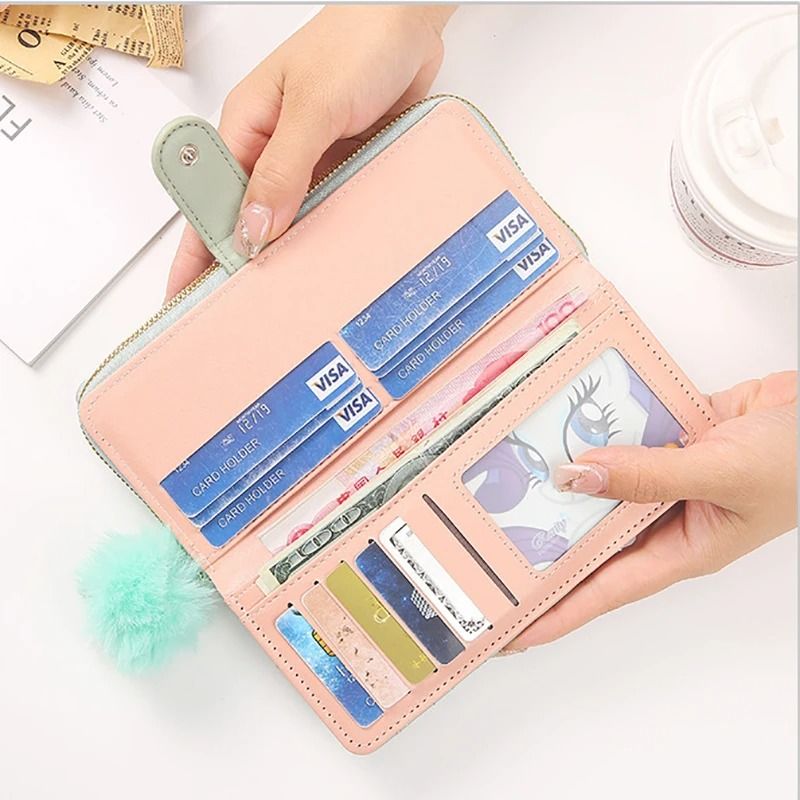 Womens Long PU Leather Wallet with Zipper and Wristlet