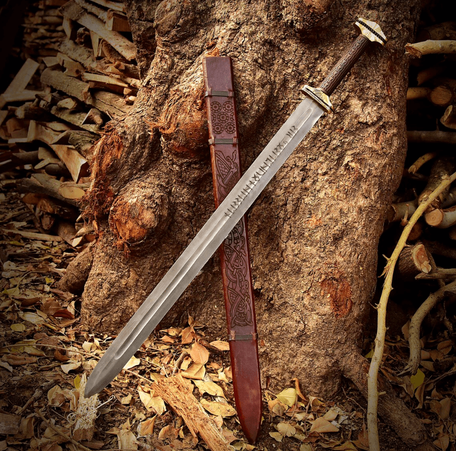 Unique Viking Sword | Handmade Norse Longsword with Engraved Leather Sheath | Birthday & Holiday Gift