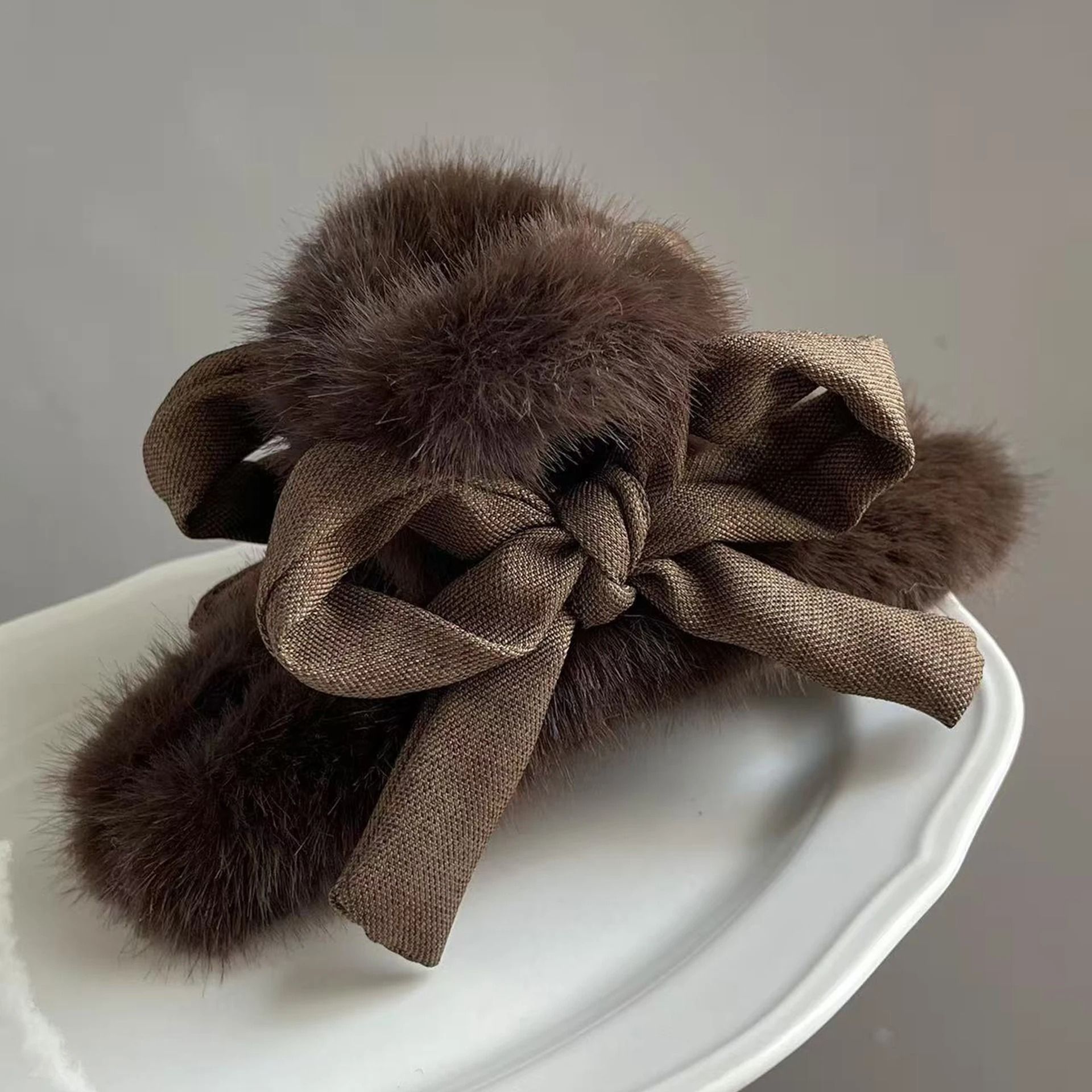 Plush Velvet Rabbit Fur Bow Shark Clip