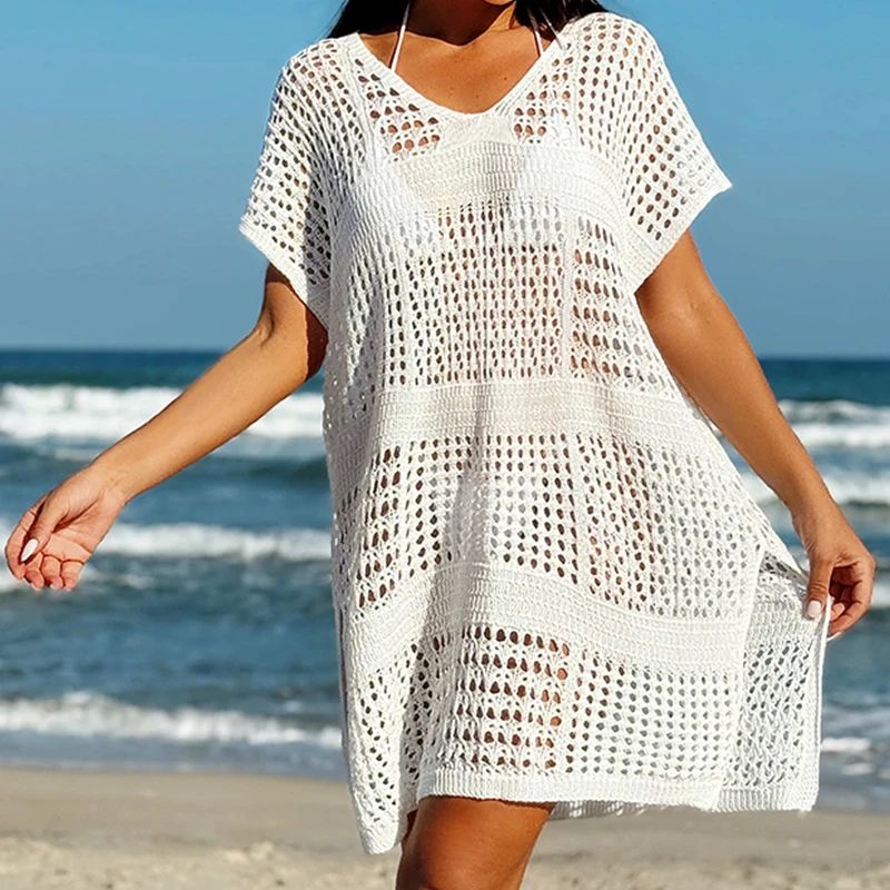 Breezy Knit V-Neck Beach Cover Up Dress, Hollow-Out Crochet Bikini Coverup