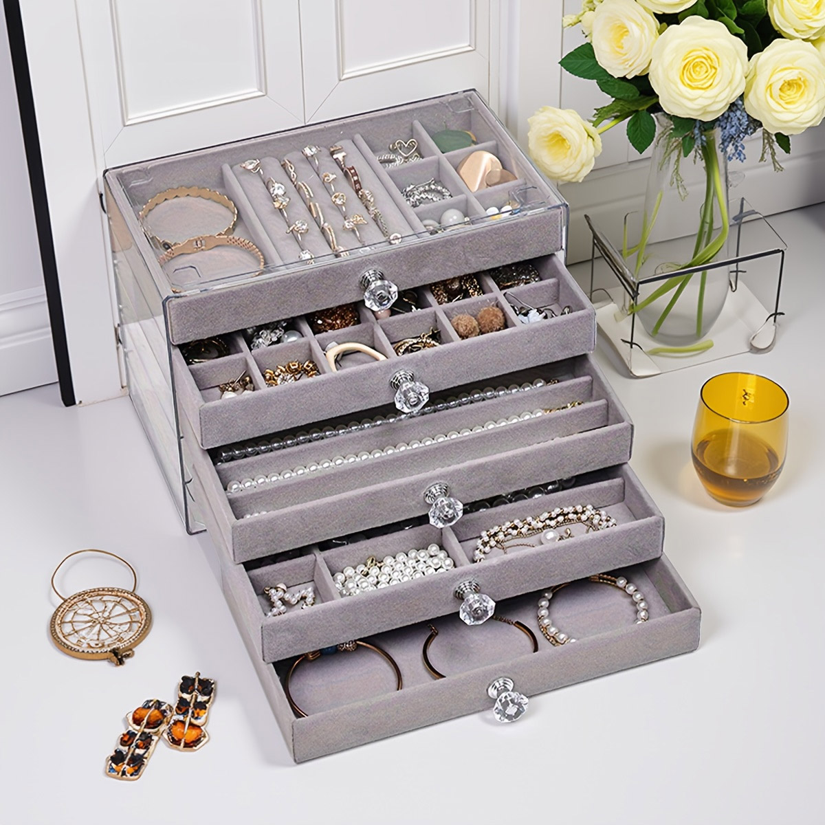 Elegant jewelry display box, 5-layer jewelry box, velvet drawer tray, transparent jewelry storage box for home decor