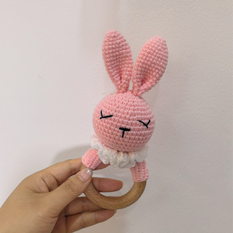 Long Ear Bunny Baby Rattler Safety Wooden Teether Mobile Crib Bell Teething Toy