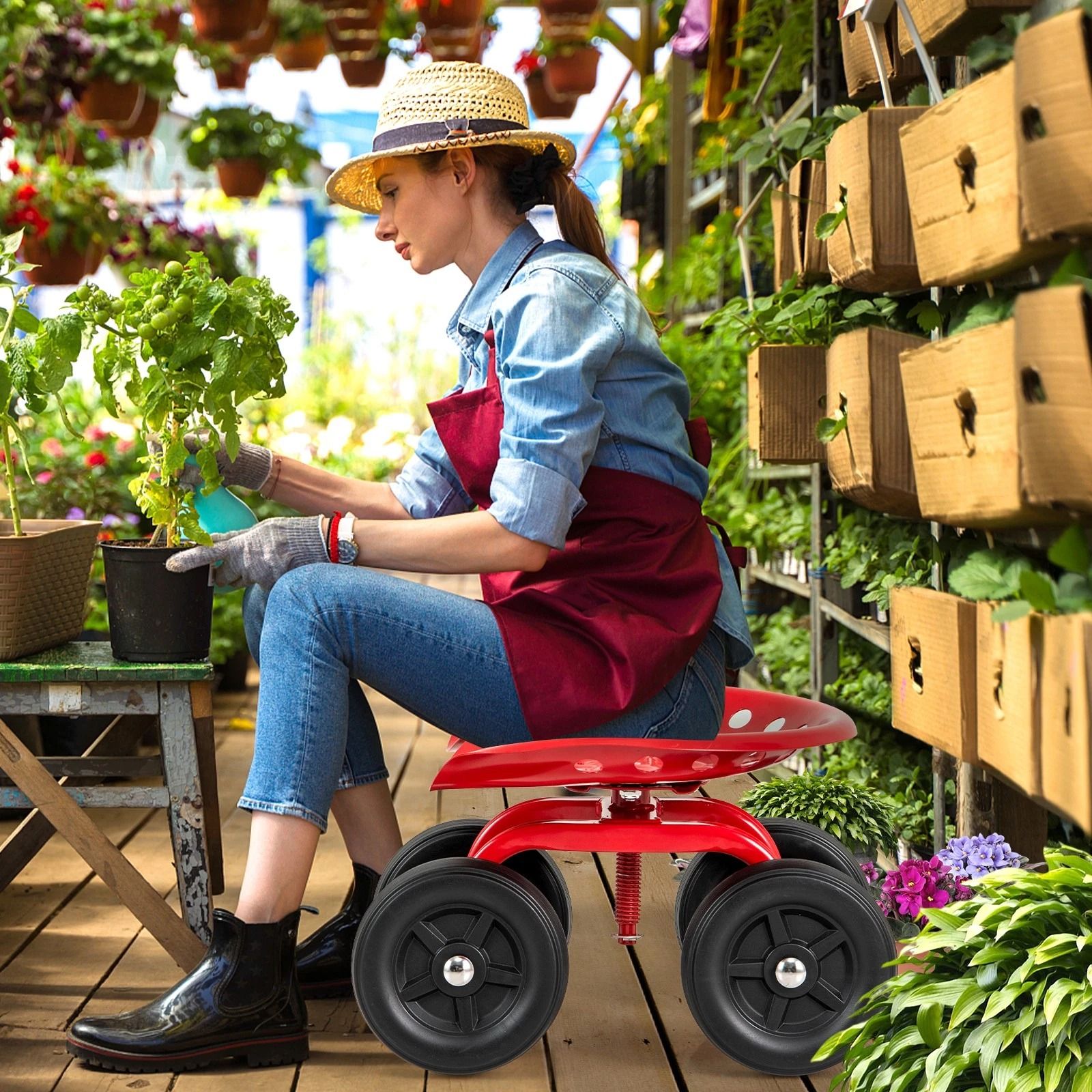 Heavy Duty Rolling Garden Cart with Adjustable Height & 360° Swivel Seat