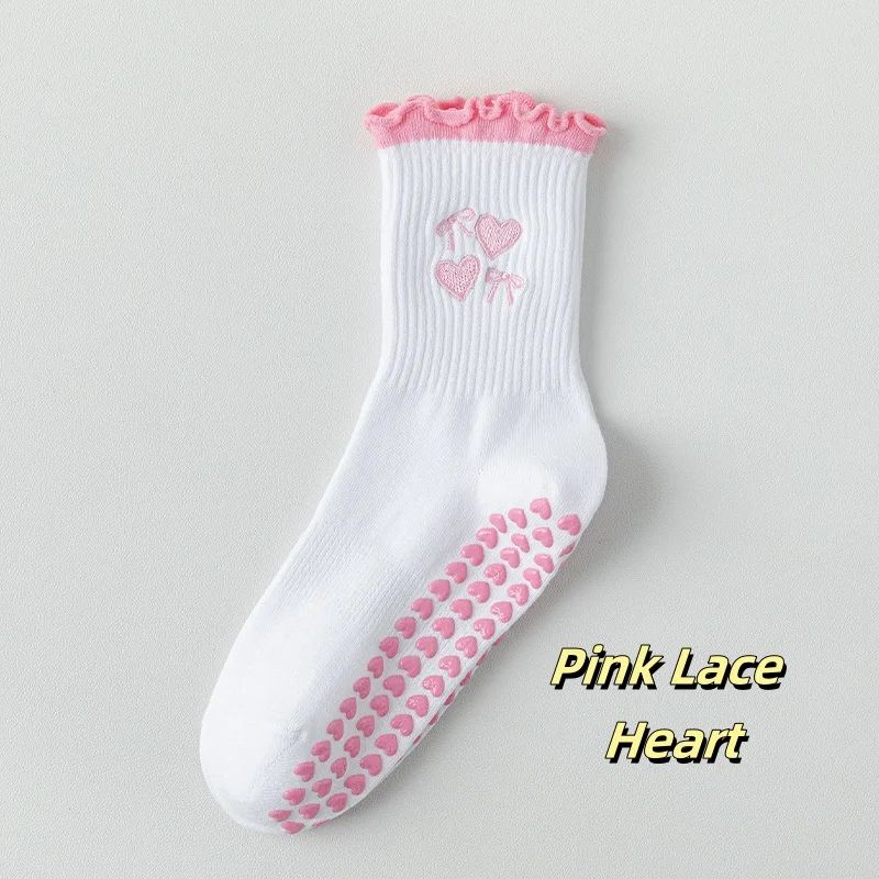 Womens Knitted Embroidered Non-Slip Yoga Socks EU 36–43 – Silicone Grip Pilates & Fitness Mid-Calf Socks
