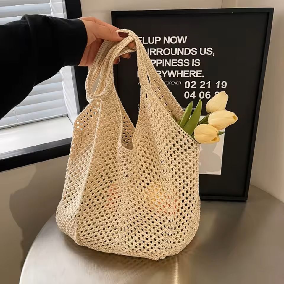 Hollow Woven Shoulder Tote Bag Large Mesh Beach Handbag
