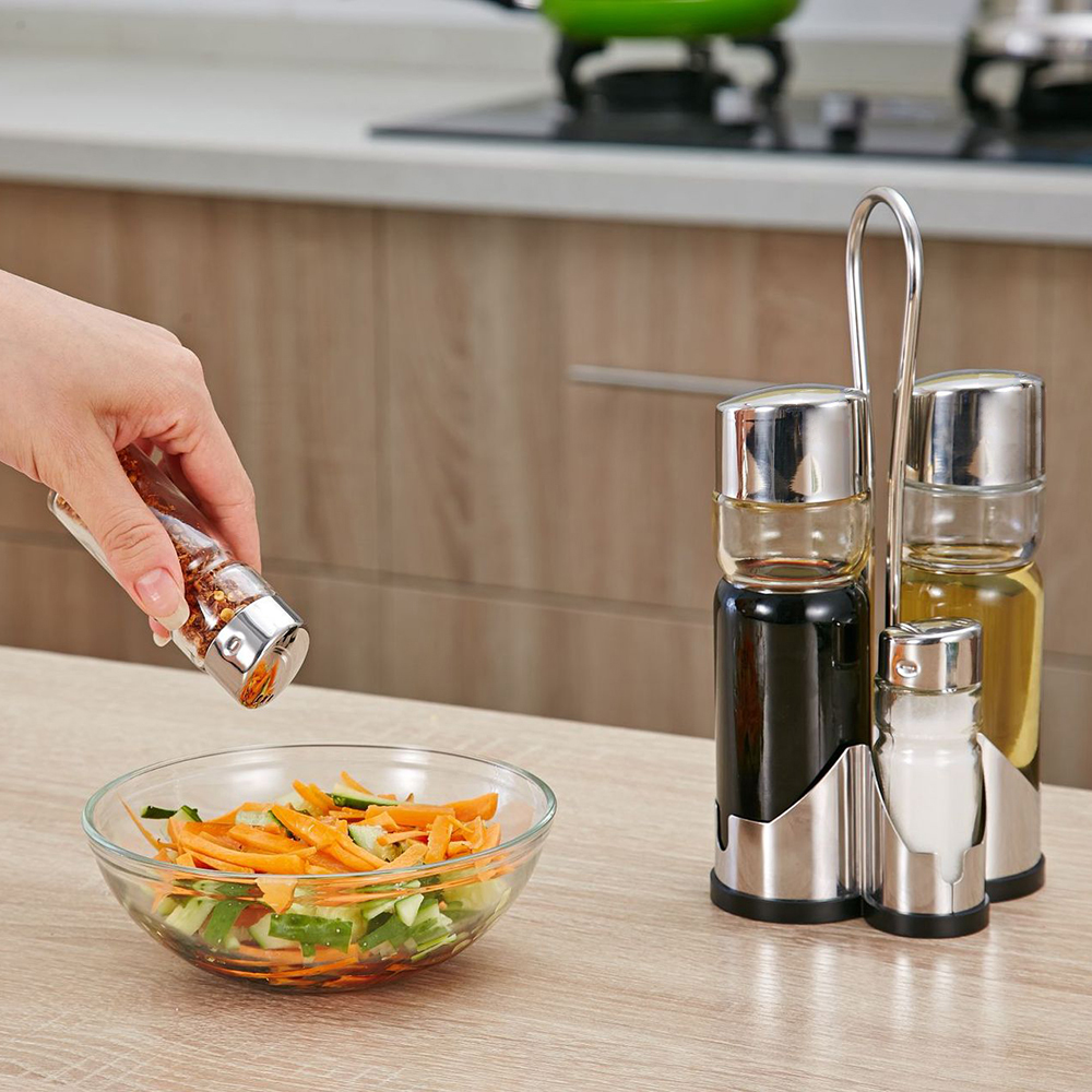Seasoning Bottle Set, Condiment Holder Rack, Oil Vinegar Dispensers with Salt Pepper Shakers and Glass Cruet Set