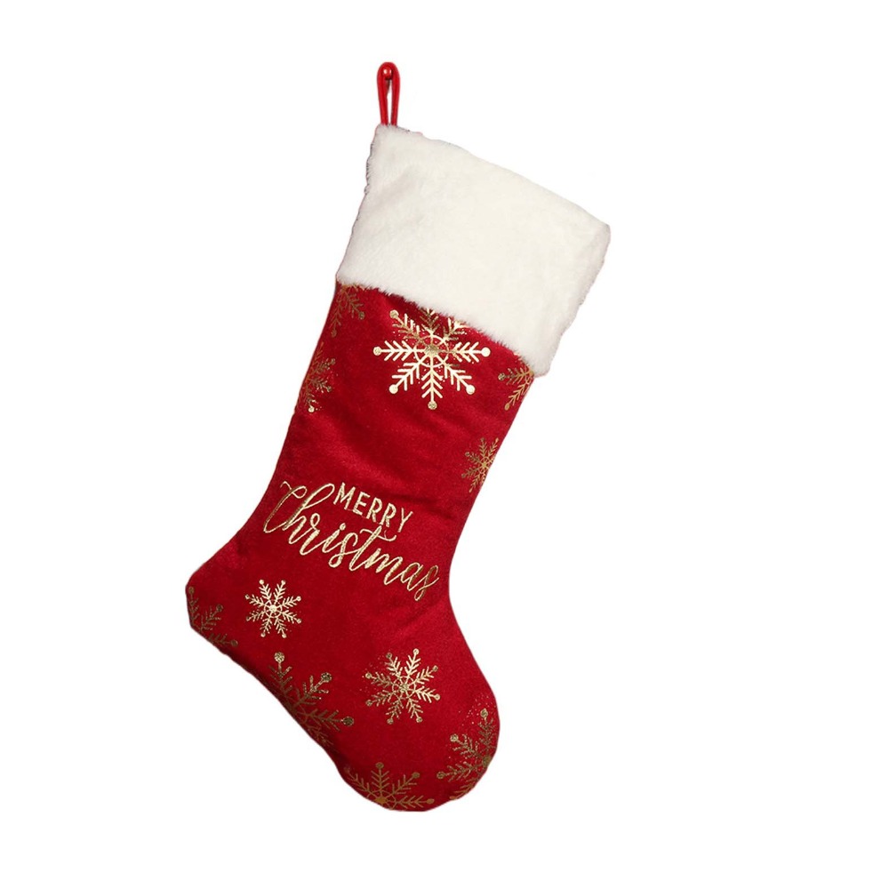 Snowflake Pattern Christmas Stocking, Embroidered Personalized Christmas Sock, Red Green Navidad, Large Gift Bag