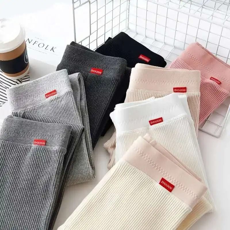 Ribbed High Waist Cotton Leggings for Women Warm Autumn Winter Casual Pants
