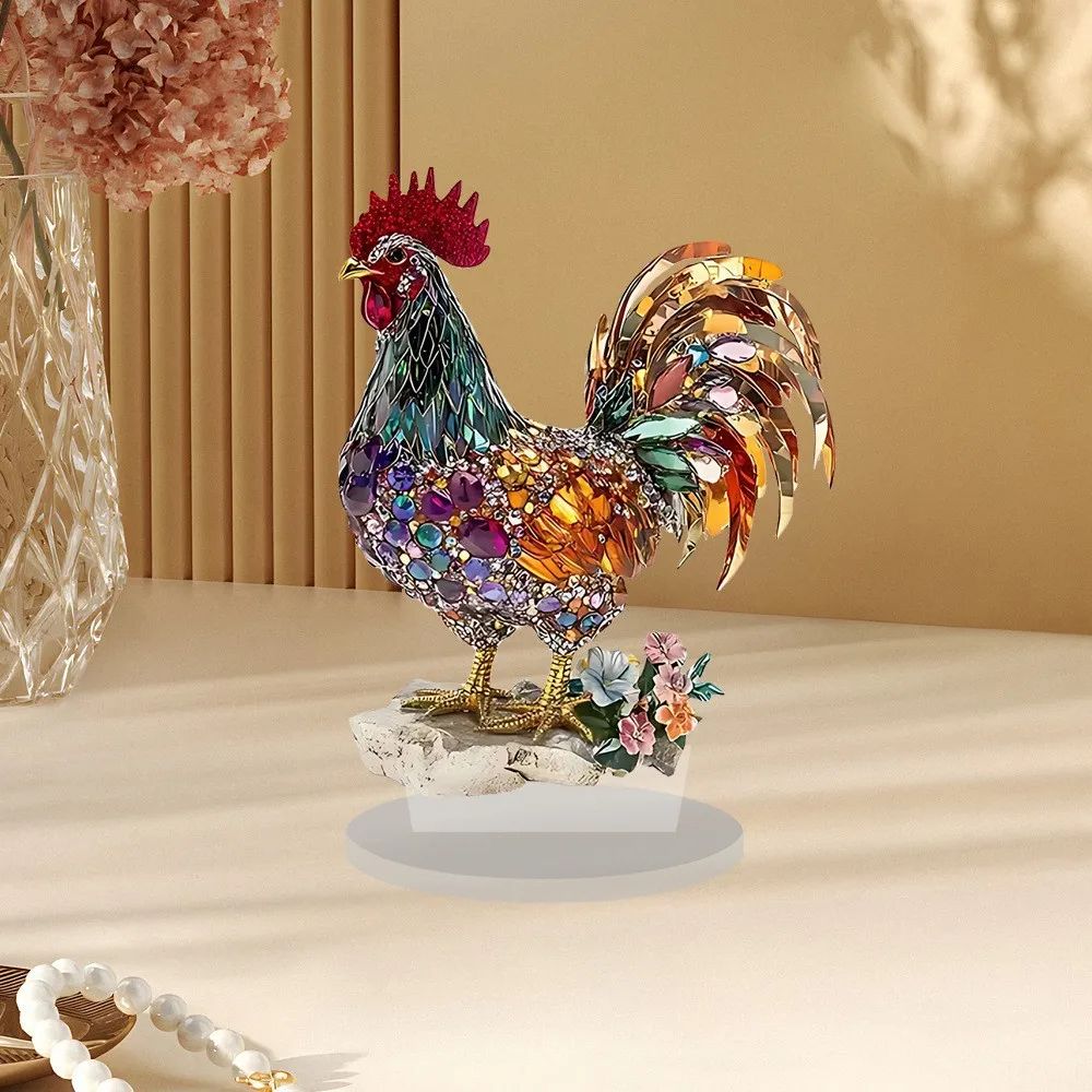 Colorful Acrylic Rooster Ornament – Artistic Farmhouse Rooster Desk Decor Figurine
