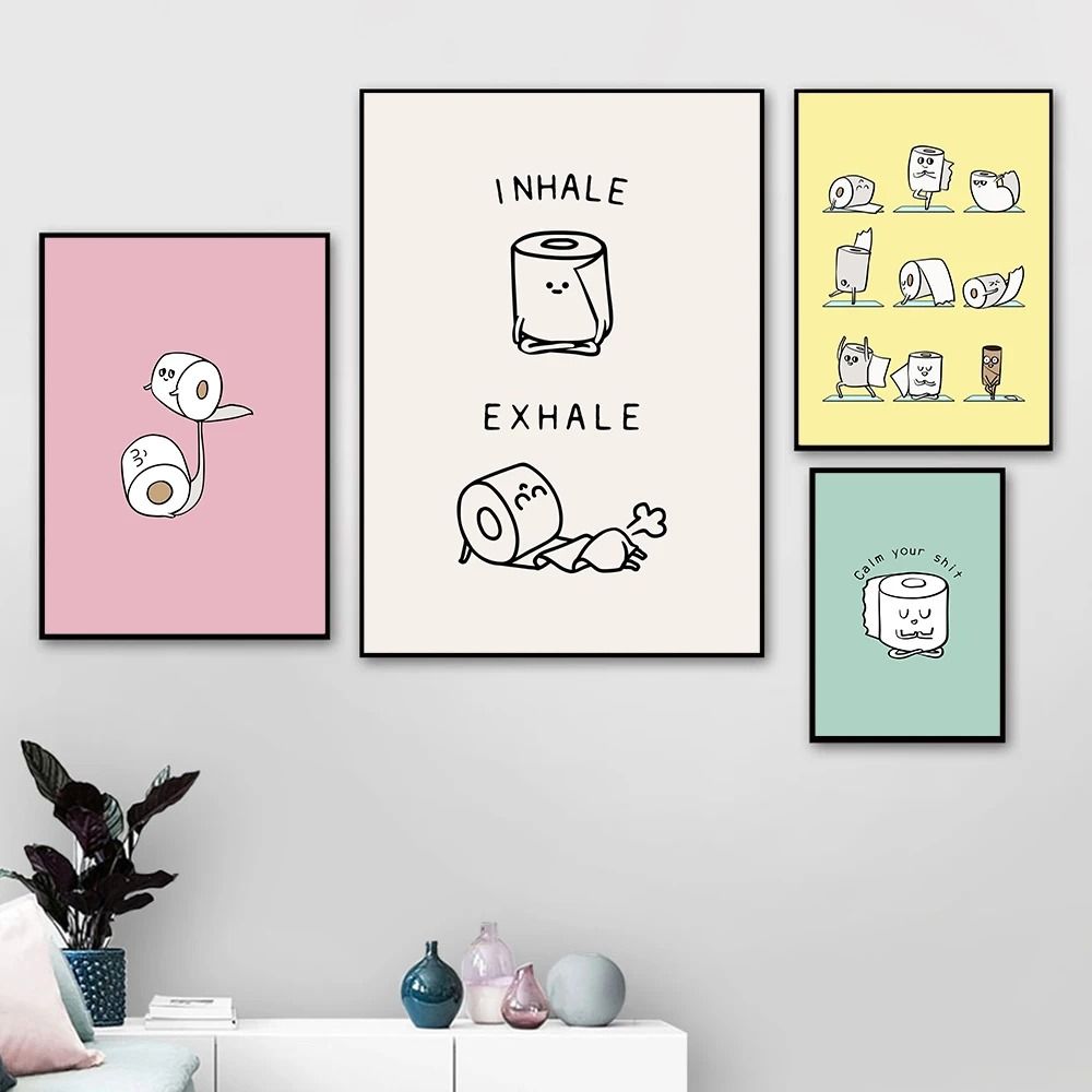 Toilet Paper Yoga Funny Quote – Minimalist Washroom Wall Art – Nordic Canvas Posters and Prints for Modern Bathroom Deco