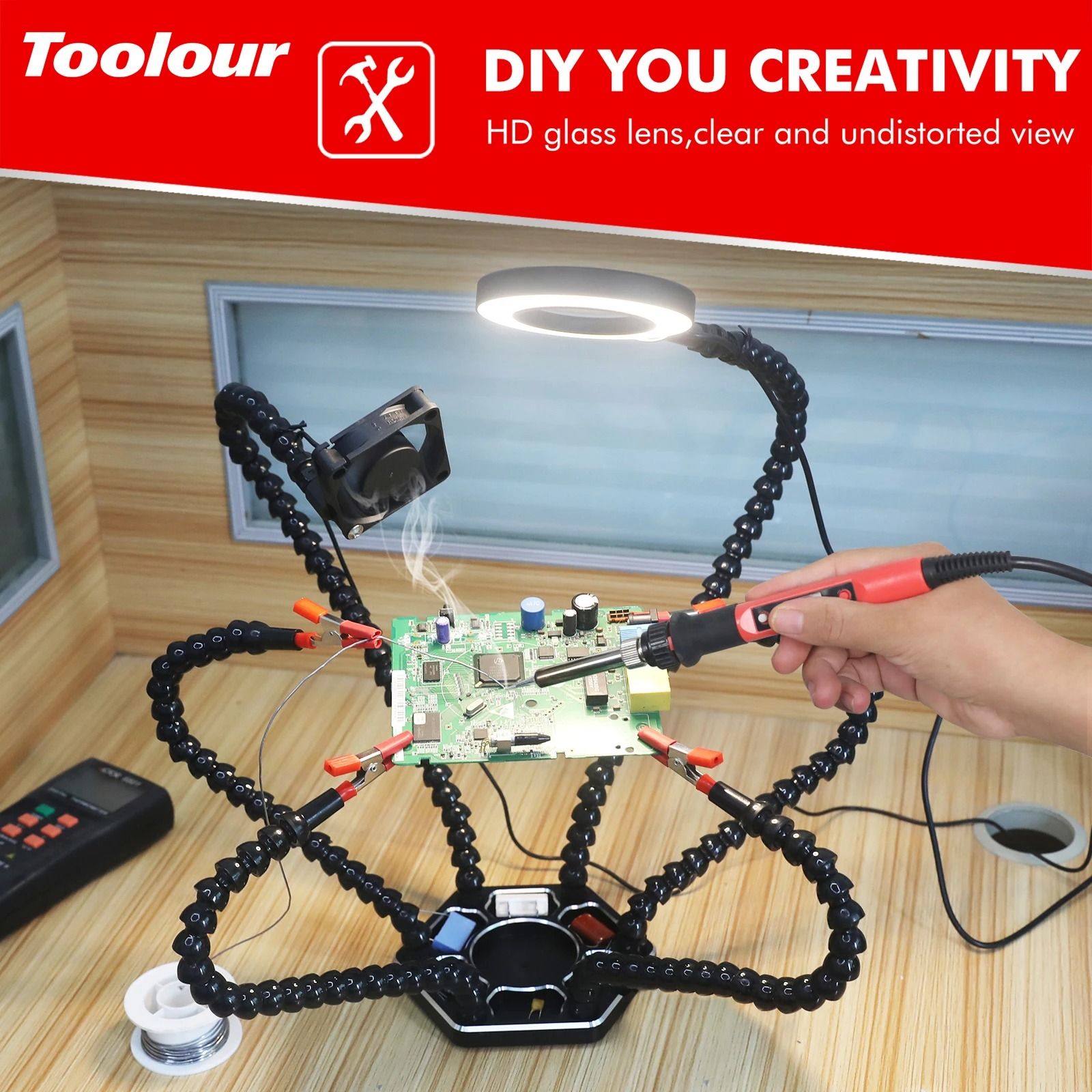 Soldering Helping Hands Tool With 3X Magnifier LED Light And USB Smoke Exhaust Fan For PCB Repair