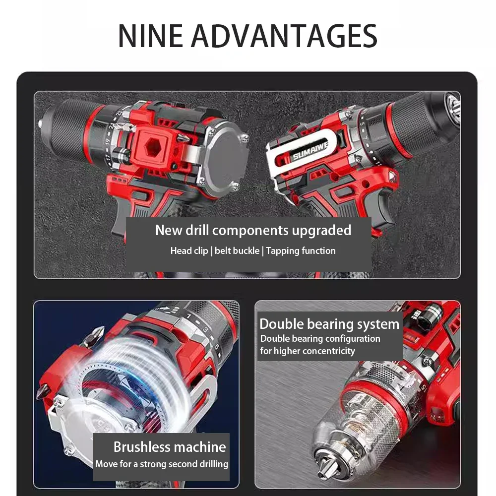 Brushless Electric Drill, Powerful Cordless Impact Driver with Metal Chuck, Drilling and Screwdriving Tools for Home DIY