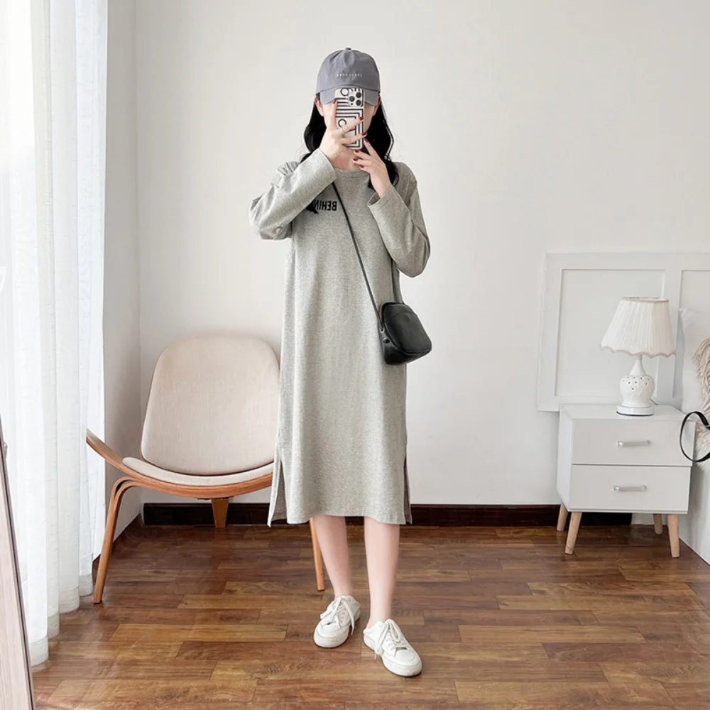 Casual Print Women's Long Sleeve Maternity Dress, Nursing & Breastfeeding Tops, Loose Pregnancy Shirt Dress