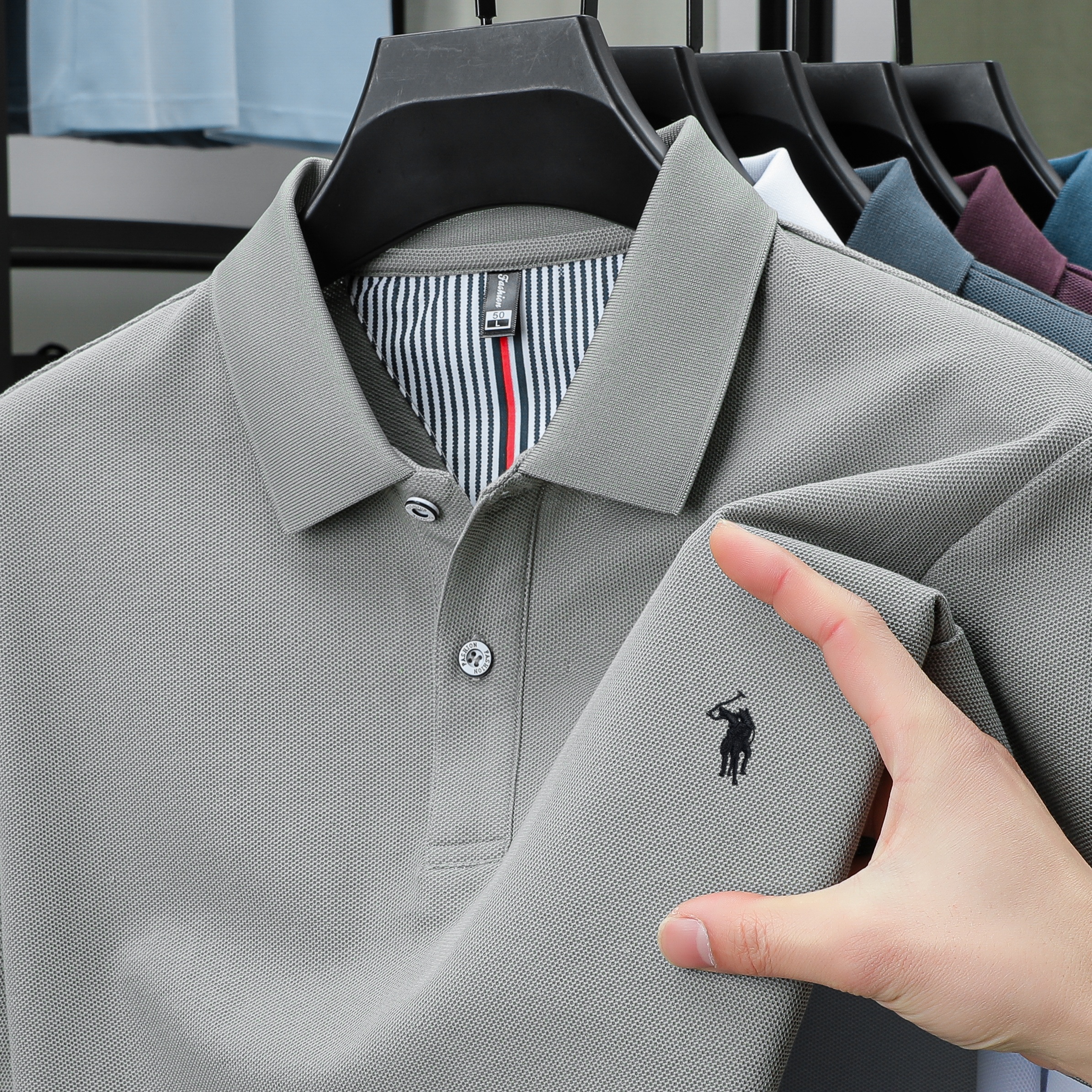 Men's Cotton Polo Shirt with Embroidery Breathable Business Casual Summer Fit
