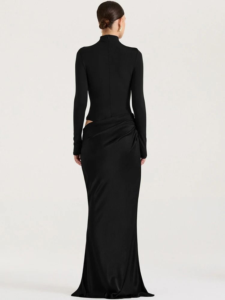 Elegant Turtleneck Satin Hollow Out Maxi Dress