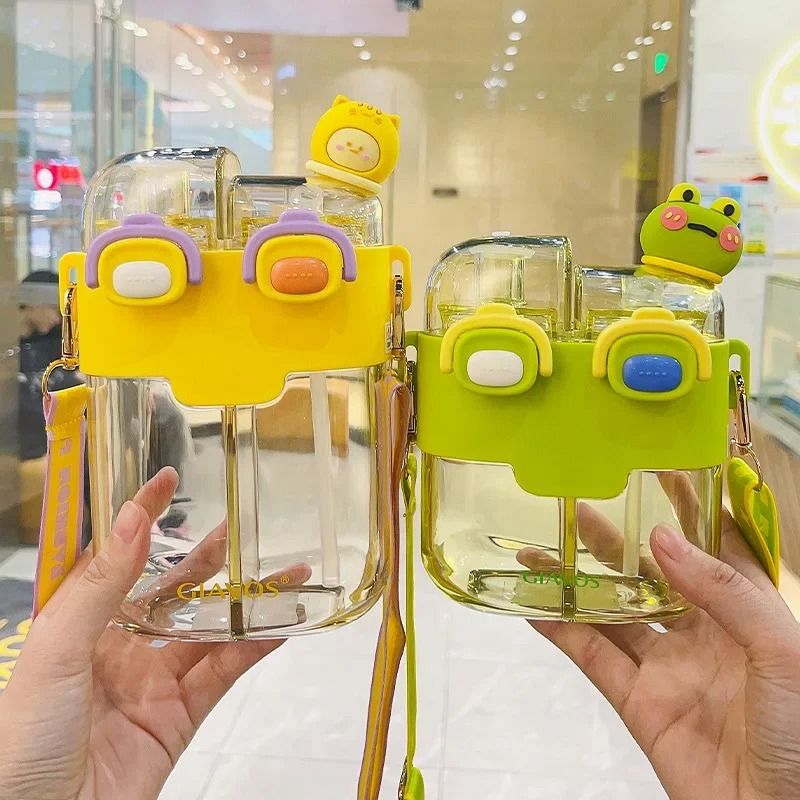 Large Capacity Kids Water Bottle with Straw Double Compartment Cartoon Design